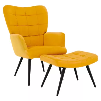 Fotel lábtartóval, sárga Velvet szövet/fekete, HABEN