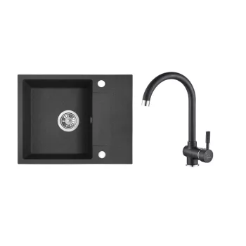   RIO MINI SZETT minicsepptálcás gránit fekete mosogató szifonnal, csappal 56x44x17,5 cm