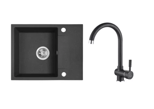 RIO MINI SZETT minicsepptálcás gránit fekete mosogató szifonnal, csappal 56x44x17,5 cm