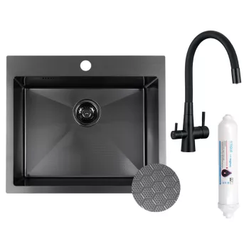   LAVEO MALAWI inox grafit színű beépíthető inox mosogató szifonnal, RIVECO vízszűrős szettel, 50x58x20 cm