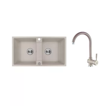   RIO 2M SZETT kétmedencés gránit bézs mosogató szifonnal, csappal, 80x44x18,6 cm